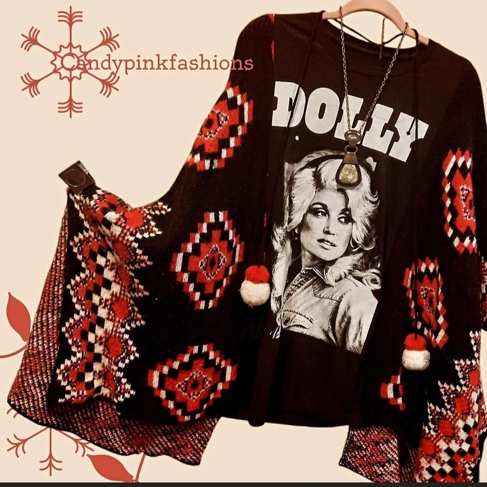 Dolly Parton Black Graphic Sweater/T-shirt with Red Pattern